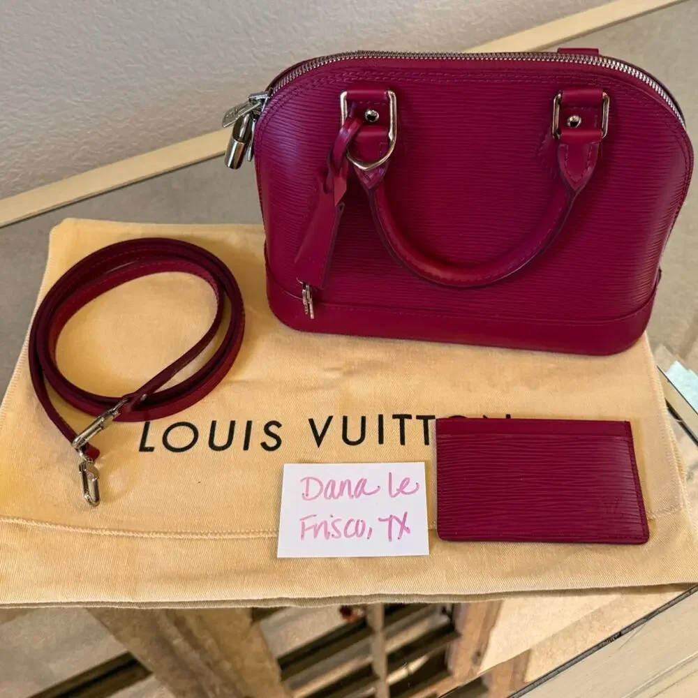 LOUIS VUITTON Alma BB Dark Pink Fushia Handbag Purse + Card Case + Strap